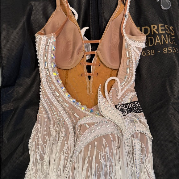 Dress4Dance White Fringe Dance Ballroom Dress with Rhinestones and pearls - Picture 5 of 5